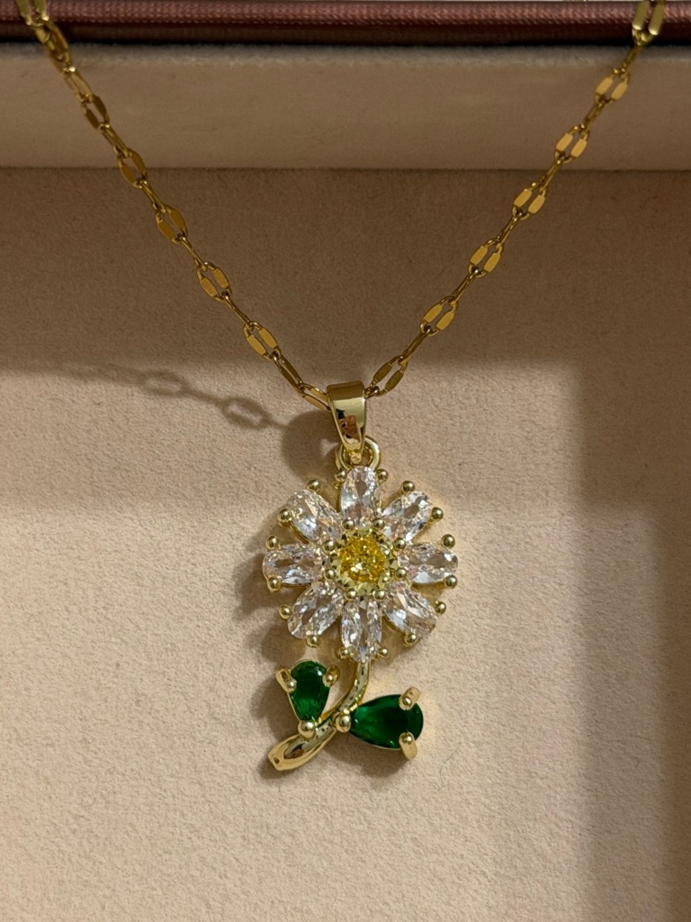 Golden Daisy Zirconia Flower Pendant Stainless Steel Stamped Necklace Chain